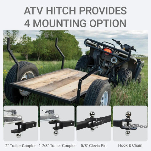 Beefed Up Dual Hitch Ball Trailer Hitch For 2 Inch Receiver With One Seven Eighth Inch And Two Inch Balls Includes Pin And Clip Five Eighth Inch Clevis Pin Compatible Matte Black Powder Coat Finish on ATV shown with 4 mounting options.