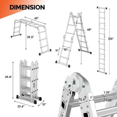 7 In 1 Folding Aluminum Ladder Multi Purpose Extension Scaffold Leaning Stepladder Heavy Duty With EN 131 Standard 12.5 Feet Folds To Compact 40.5 By 11 By 23.5 Inches For Easy Storage And Versatile Height, dimension view