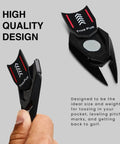 Black 5 In 1 Divot Repair Tool With Ball Marker Alignment Aid shown in hand, ideal size for pocket, pitch mark repair, and alignment.