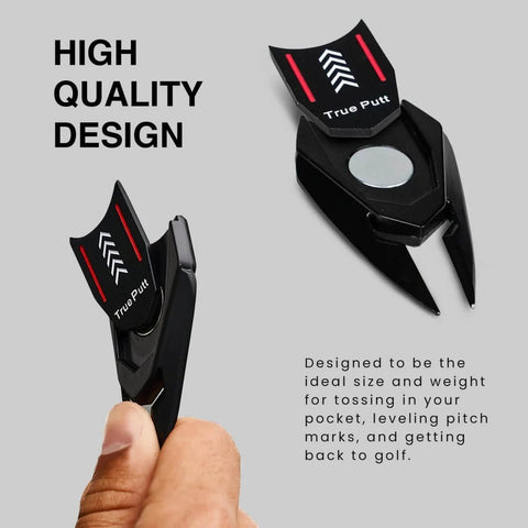 Black 5 In 1 Divot Repair Tool With Ball Marker Alignment Aid shown in hand, ideal size for pocket, pitch mark repair, and alignment.