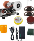 Pro Grade Mini Belt Sander, Electric Knife Sharpener with accessories, compact metal polisher for home workshop.