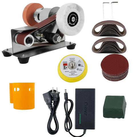 Pro Grade Mini Belt Sander, Electric Knife Sharpener with accessories, compact metal polisher for home workshop.
