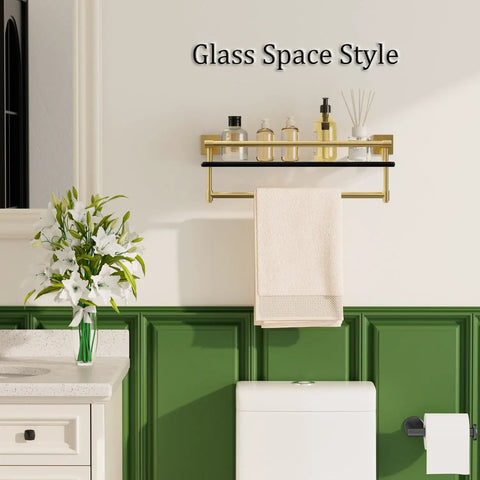 Slick Brushed Gold Glass Bathroom Shelf With Towel Bar, Wall Mounted, 8mm Tempered Glass, SUS304 Steel, Modern Spa Look