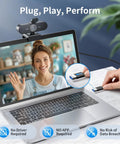 Hassle Free 4K Webcam For PC With Smart Optical Tracking And Dual Noise Cutting Mics Plug And Play streaming on laptop.