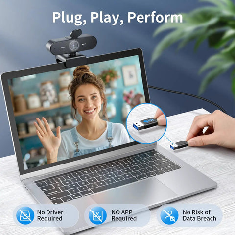 Hassle Free 4K Webcam For PC With Smart Optical Tracking And Dual Noise Cutting Mics Plug And Play streaming on laptop.
