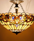 Tiffany Style Ceiling Light Fixture With Victorian Stained Glass Look Semi Flush Mount Lamp 16 Inch Shade 15 Inch Height Antique Green Bronze Finish Hardwired With Professional Installation Suggested, decorative stained glass ceiling light