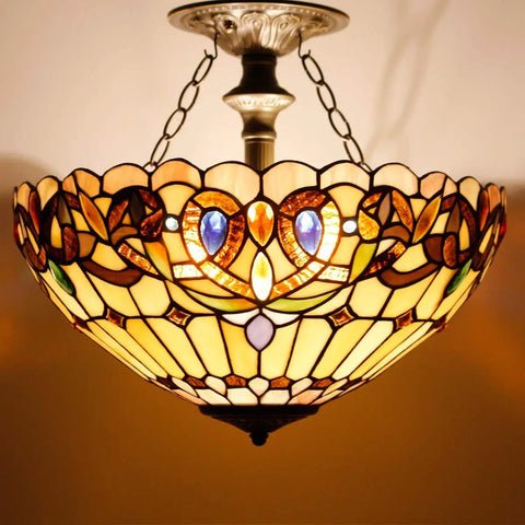 Tiffany Style Ceiling Light Fixture With Victorian Stained Glass Look Semi Flush Mount Lamp 16 Inch Shade 15 Inch Height Antique Green Bronze Finish Hardwired With Professional Installation Suggested, decorative stained glass ceiling light
