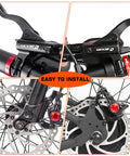 MTB Hydraulic Disc Brake Set With Aluminum Lever Dual Piston Calipers, close-up of lever and calipers on bike frame.