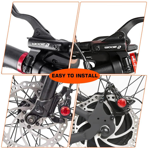 MTB Hydraulic Disc Brake Set With Aluminum Lever Dual Piston Calipers, close-up of lever and calipers on bike frame.