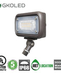 Outdoor Security Flood Light With 15W LED, 1370 Lumens, 3000K Warm White, IP65 Weatherproof, compact design, knuckle mount visible