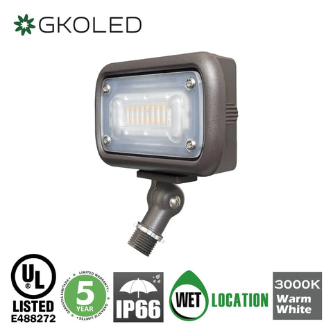 Outdoor Security Flood Light With 15W LED, 1370 Lumens, 3000K Warm White, IP65 Weatherproof, compact design, knuckle mount visible