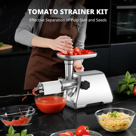 Heavy Duty Electric Meat Grinder With Strainer And Tomato Sauce Press Maker, stainless steel, preparing fresh tomatoes in kitchen.