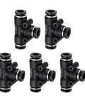 Five Pack Three Way Push To Connect Pneumatic Fittings For Air Lines, One Quarter Inch Tube Ends, Black Plastic Tee Connectors