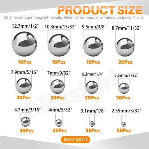 304 Stainless Steel Bearing Balls Set 300 Pieces In 12 Sizes For Machinery Automotive And Bicycle Repairs Pro Grade Precision Solid Bearings For Industrial Use, size chart