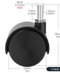 2-inch nylon caster wheel with M8 threaded stem; black, swivel, set of four.