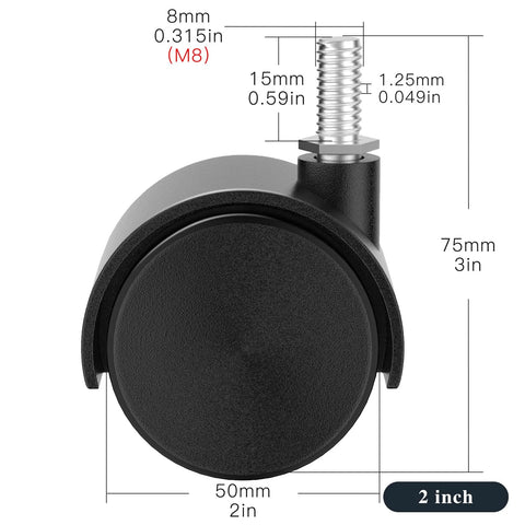 2-inch nylon caster wheel with M8 threaded stem; black, swivel, set of four.