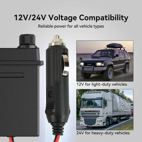 Long Range DIN Mount CB Radio Kit With NRC Noise Canceling Technology shown with voltage compatibility for vehicles