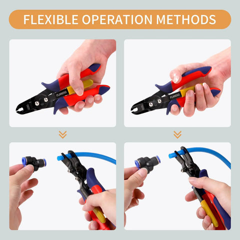 Cool Get This 11 Piece Air Line Removal Tool Kit With Quick Connect Release Wrench For 1/4 And 5/16 Inch Fittings Plus Ten Male Npt Push Fittings That Totally Make DIY Piping A Breeze Without Breaking The Bank Or Your Back. hand using carbon steel air line removal wrench on 1/4 and 5/16 inch fittings