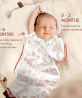Baby in Arms Up Newborn Swaddle Sleep Bag 0-3 Months, breathable pink bunny design, lying in crib with arms raised.