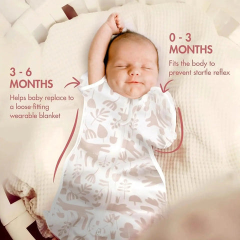 Baby in Arms Up Newborn Swaddle Sleep Bag 0-3 Months, breathable pink bunny design, lying in crib with arms raised.