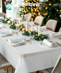 No Sweat Heavy Duty Disposable Tablecloths White 8 Pack 54 By 108 Inches on a holiday dining table with decor.