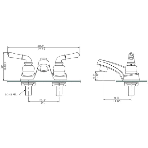 Technical drawing of RV Diverter Lavatory Faucet With Handheld Shower Set Brushed Nickel Finish Non Metallic ABS Body dimensions shown