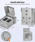 Beefed Up Outdoor Electrical Outlet Box With Dual 20 Amp Weather Resistant Gfci Receptacles Rated Rainproof Rust Resistant Shell open showing dimensions and features.