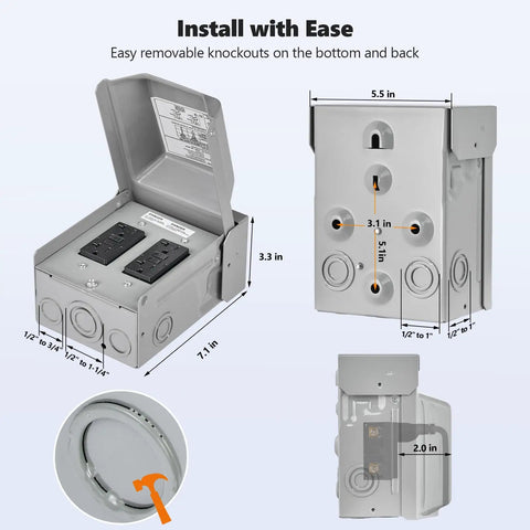 Beefed Up Outdoor Electrical Outlet Box With Dual 20 Amp Weather Resistant Gfci Receptacles Rated Rainproof Rust Resistant Shell open showing dimensions and features.
