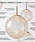 Top Shelf Modern Crackle Glass Sphere Pendant Cluster Integrated Led Brass Finish Adjustable Cord Lighting For Duplex Staircases Heavy Duty Mounting Is Big Time Game Changer detail of brass fittings and crackle glass shade