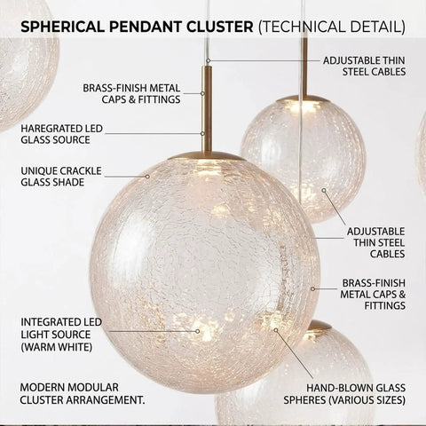 Top Shelf Modern Crackle Glass Sphere Pendant Cluster Integrated Led Brass Finish Adjustable Cord Lighting For Duplex Staircases Heavy Duty Mounting Is Big Time Game Changer detail of brass fittings and crackle glass shade