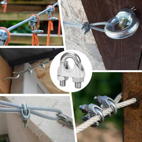 Collage of galvanized 100 Pcs M3 Wire Rope Clip Clamps, U-bolt saddle fasteners used on cables in various outdoor settings