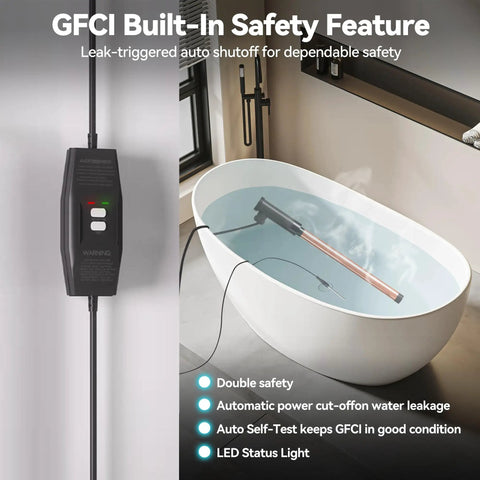 GFCI safety plug connected to Top Tier 2000 Watt Titanium Immersion Water Heater in a bathtub with steam.