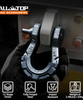 Gloved hand holding a Three Quarter Inch D Ring Shackle Two Pack Fully Forged Steel With Seven Eighths Pin 79500 Lbs Break Strength And Nine Ton Working Load Extreme E Coat Impact And Rust Resistant