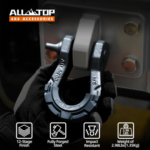 Gloved hand holding a Three Quarter Inch D Ring Shackle Two Pack Fully Forged Steel With Seven Eighths Pin 79500 Lbs Break Strength And Nine Ton Working Load Extreme E Coat Impact And Rust Resistant