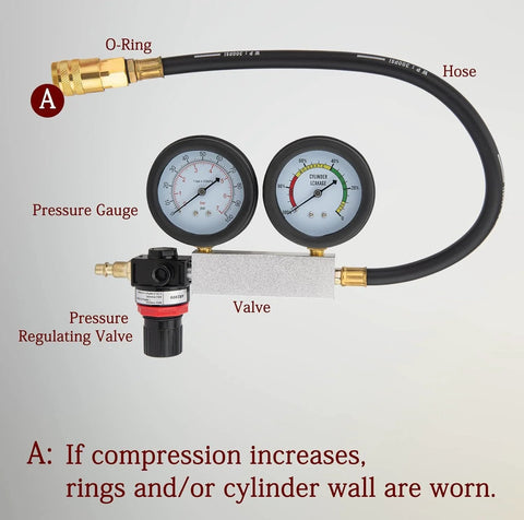 Cylinder leak-down tester kit with dual gauges, hose, and regulator valve for automotive compression testing.