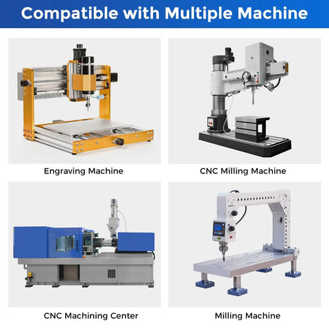 Four types of machines compatible with the 4 Piece Ball Nose Router Bit Set, including engraving and CNC milling machines.