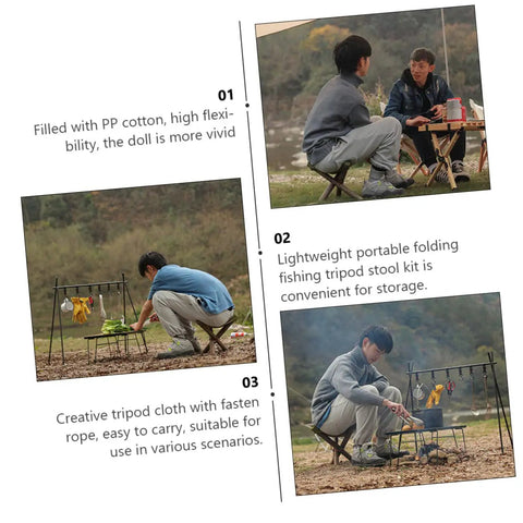 People using Nylon Outdoor Tripod Stool Portable Camping Chair Kit With Triangle Seat And Rope at a campsite.