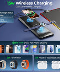RGB Wireless Charging Gaming Mouse Pad With Dual 15W Fast Chargers, showing phone, watch, earbuds charging zones.