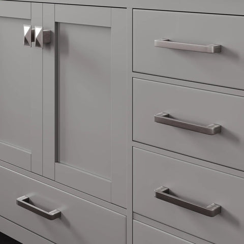 Top Shelf 96 Inch Gray Double Sink Bathroom Vanity With Durable Carrara Quartz Top And Undermount Porcelain Sinks Plus Flawless Brushed Nickel Hardware For Rapid Home Renovations close-up of gray cabinet doors and brushed nickel handles