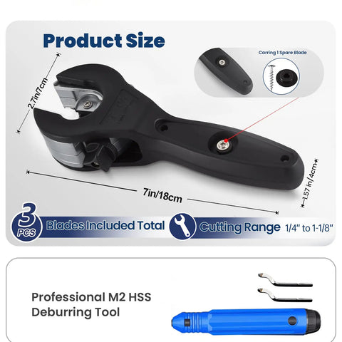 Close Quarters Tubing Cutter For Copper Brass Aluminum And Corrugated Tubing Includes Three Replacement Blades And Deburring Tool Ratcheting Pipe Cutter For One Quarter Inch To One And One Eighth Inch Diameter Not For PVC, showing cutter size, spare blades, and deburring tool.