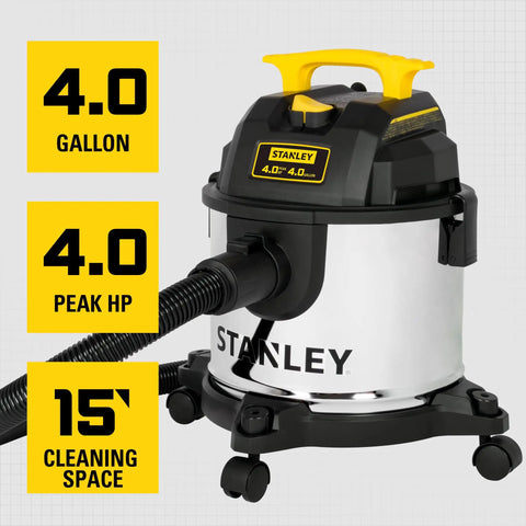 4 Gallon Wet And Dry Shop Vac With 4 Peak HP Stainless Steel Tank 3 In 1 Blower Heavy Suction Portable Top Handle Vacuum next to specs