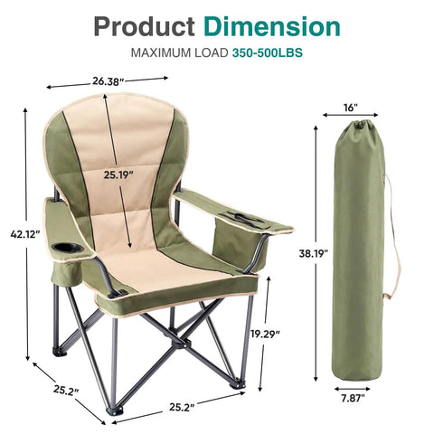 Foldable Camping Chair With Cup Holder, Non Slip Feet, Heavy Duty Portable Collapsible Lawn Chair dimensions and bag, Green.