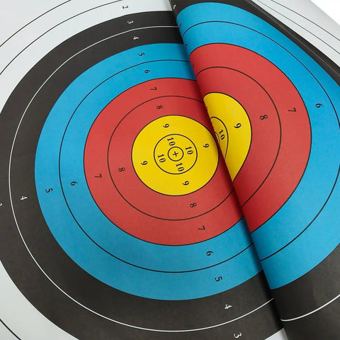 Pro Grade Backyard Archery Target Paper 20 Pack 23.6 Inch 10 Ring Face colorful bullseye target layers close-up.