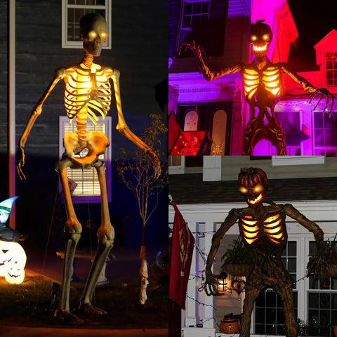 Outdoor Halloween display with 12 Foot Skeleton Light Kit With RGB Color Changing LEDs, showing giant figures illuminated at night.