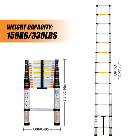 12.5ft Aluminum Telescoping Ladder For Home And Outdoor Projects Do It Yourself Ready Extends Smoothly Folds Flat 330 Lb Load Capacity