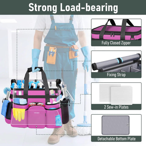 Cleaning Caddy With Wheels, Extra Large 39L Rolling Organizer Bag shown with tools, gloves, pink color, and detachable trolley parts.