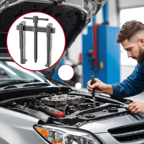 Best 2 Jaw Bearing Puller Kit With Low Profile Design Fits Tight Gaps To Scoop Bad Bearings Out Fast Safely For Home Garage Builds Or Pro Shop Jobs Using Heavy Duty Steel Build For Reliable Work When Fixing Vehicles Everywhere You Hit The Road. 2 jaw steel puller on car engine