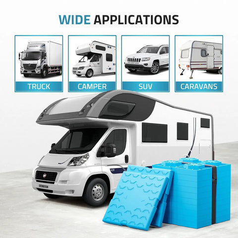 Heavy Duty Rv Leveling Blocks 12 Pack With Velcro Straps Interlocking Stackable Jack Pads For Camper Travel Trailer in use with a camper.