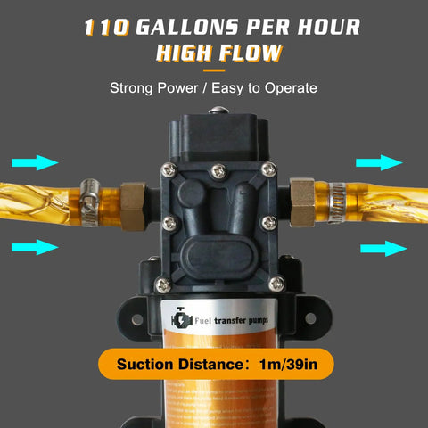 Portable DC 12V 75W Gasoline Transfer Pump delivers up to 110 GPH for vehicles, boats, motorbikes, and equipment with a 39-inch suction reach