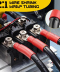BossLevel Sweet 600Pcs Heat Shrink Tubing Bundle Paired With 350W TwoTemp Mini Heat Gun showcasing connected wires with red shrink tubing.